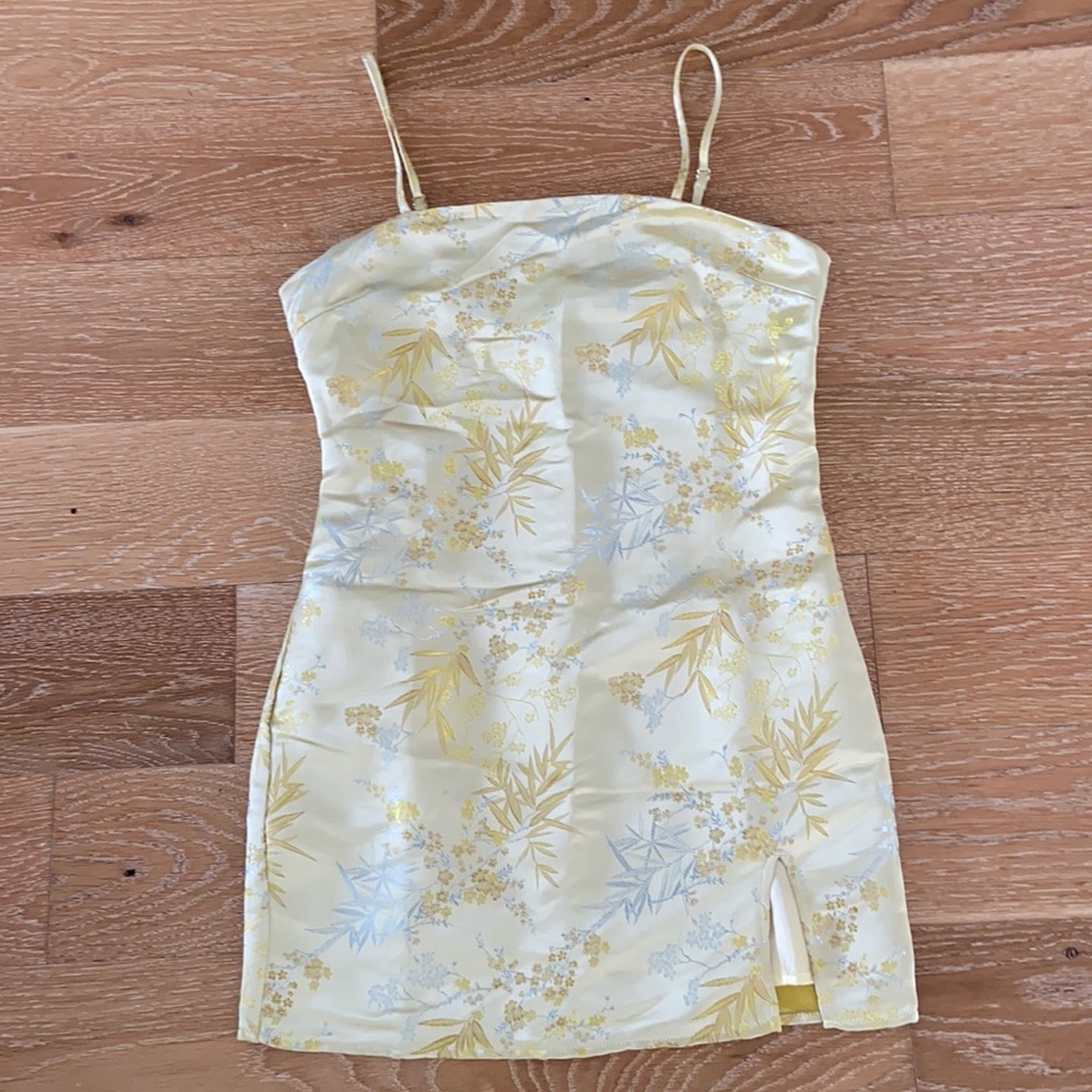 Yellow Mini Silk Shift Dress with Cherry Blossoms
